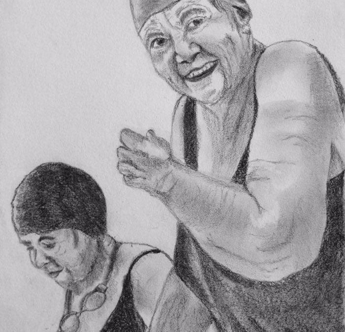 קשישה בבריכה – ציור של רחל טוקר שיינס